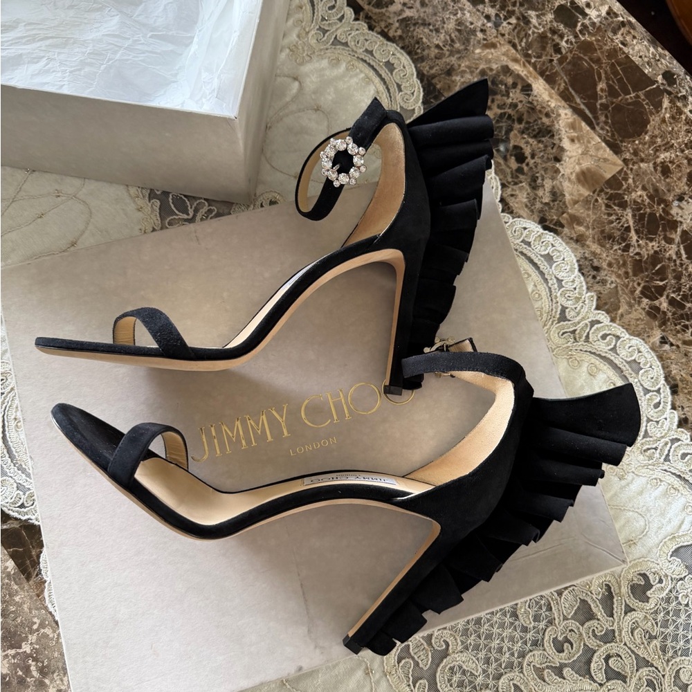Jimmy Choo Black Suede Wingback Ankle-Strap Heels - Picture 5 of 15